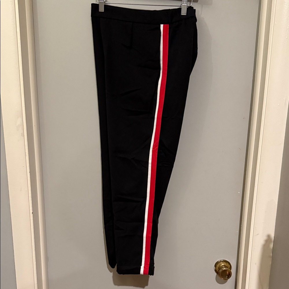 Zara Black Joggers with Bold Red and White Stripe